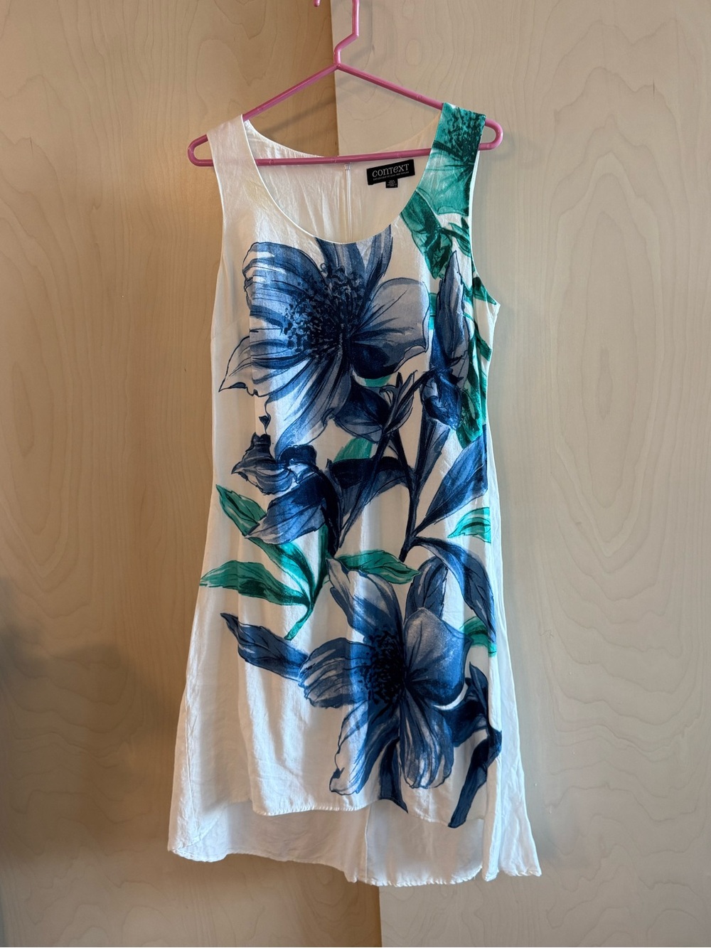 Context Floral Sleeveless White Dress with Blue & Green Floral Print